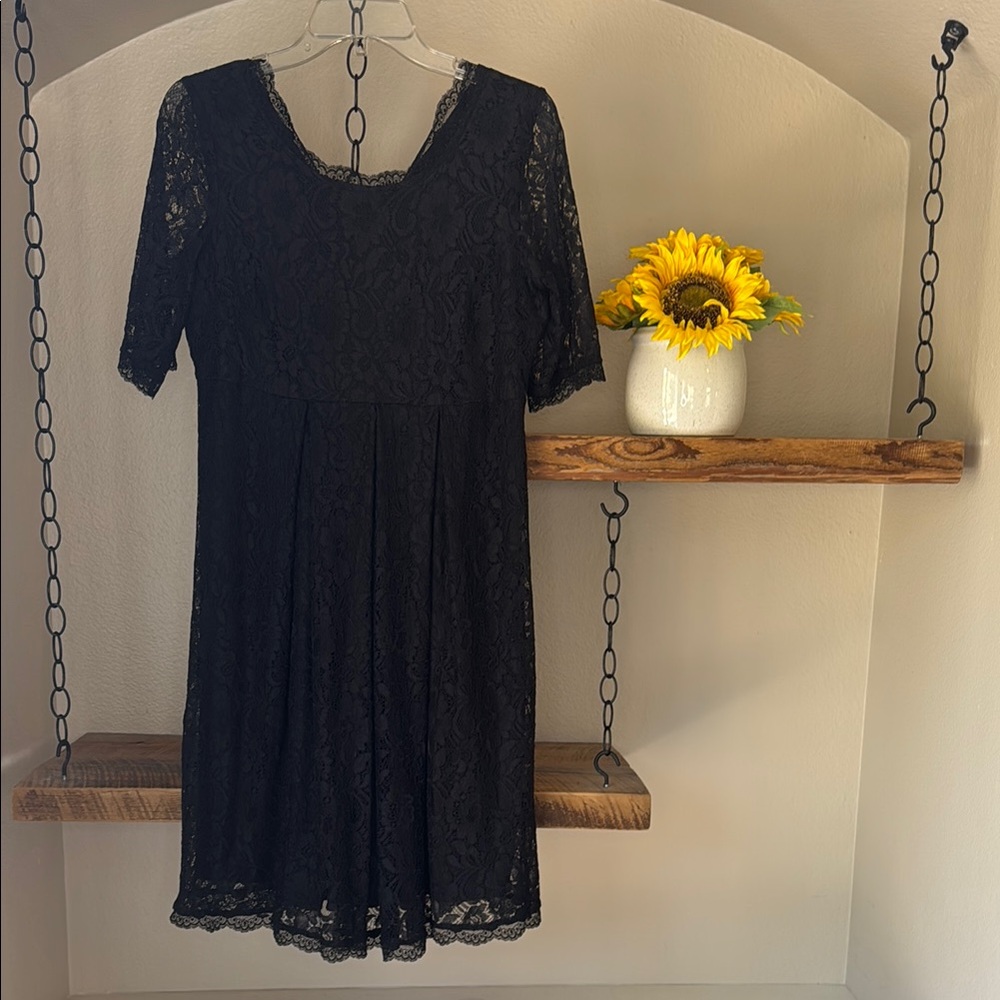 NWT Motherhood Maternity Black lace A-line Midi Dress with Scoop Neck, size S